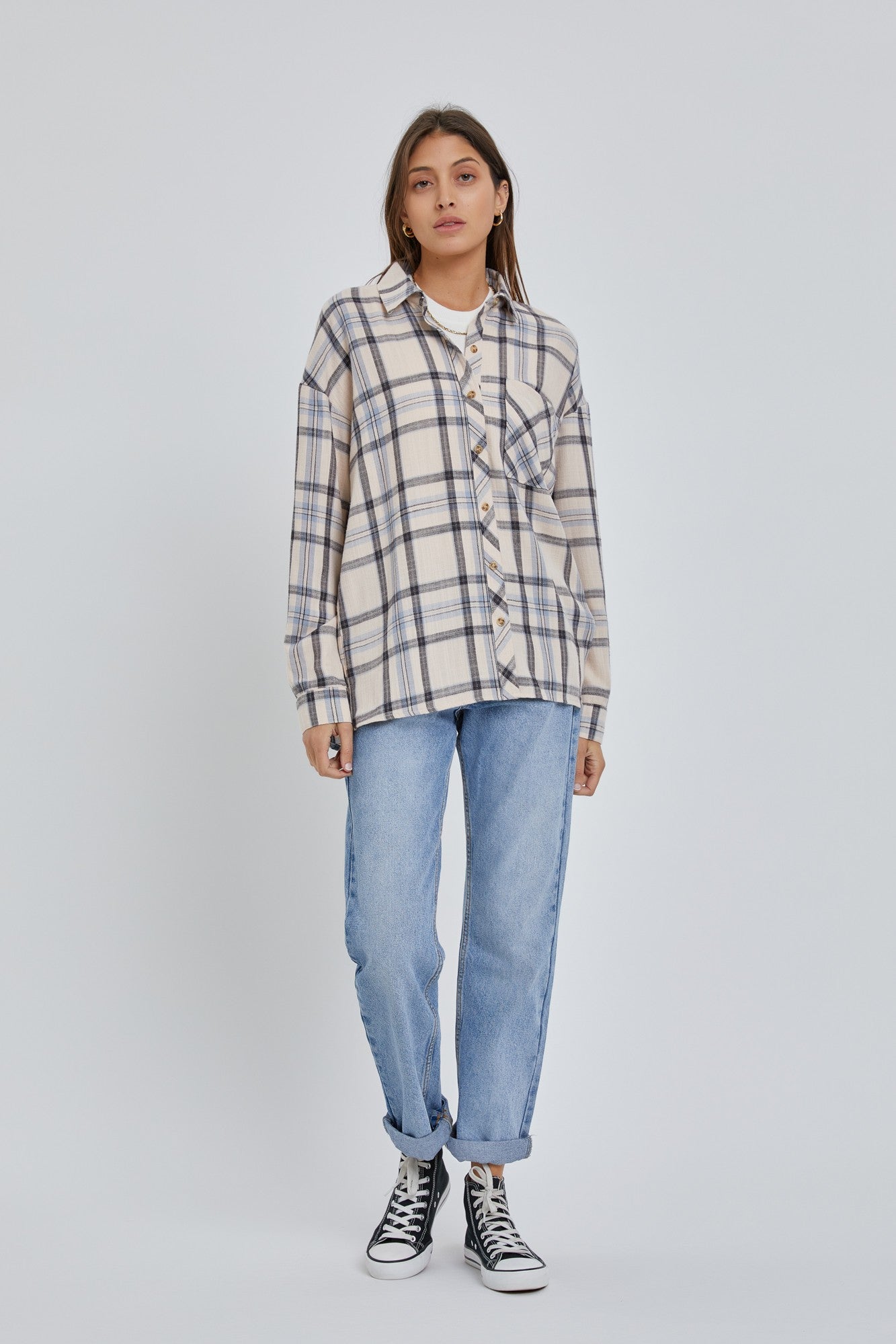 Cream Flannel Plaid Button Up Top