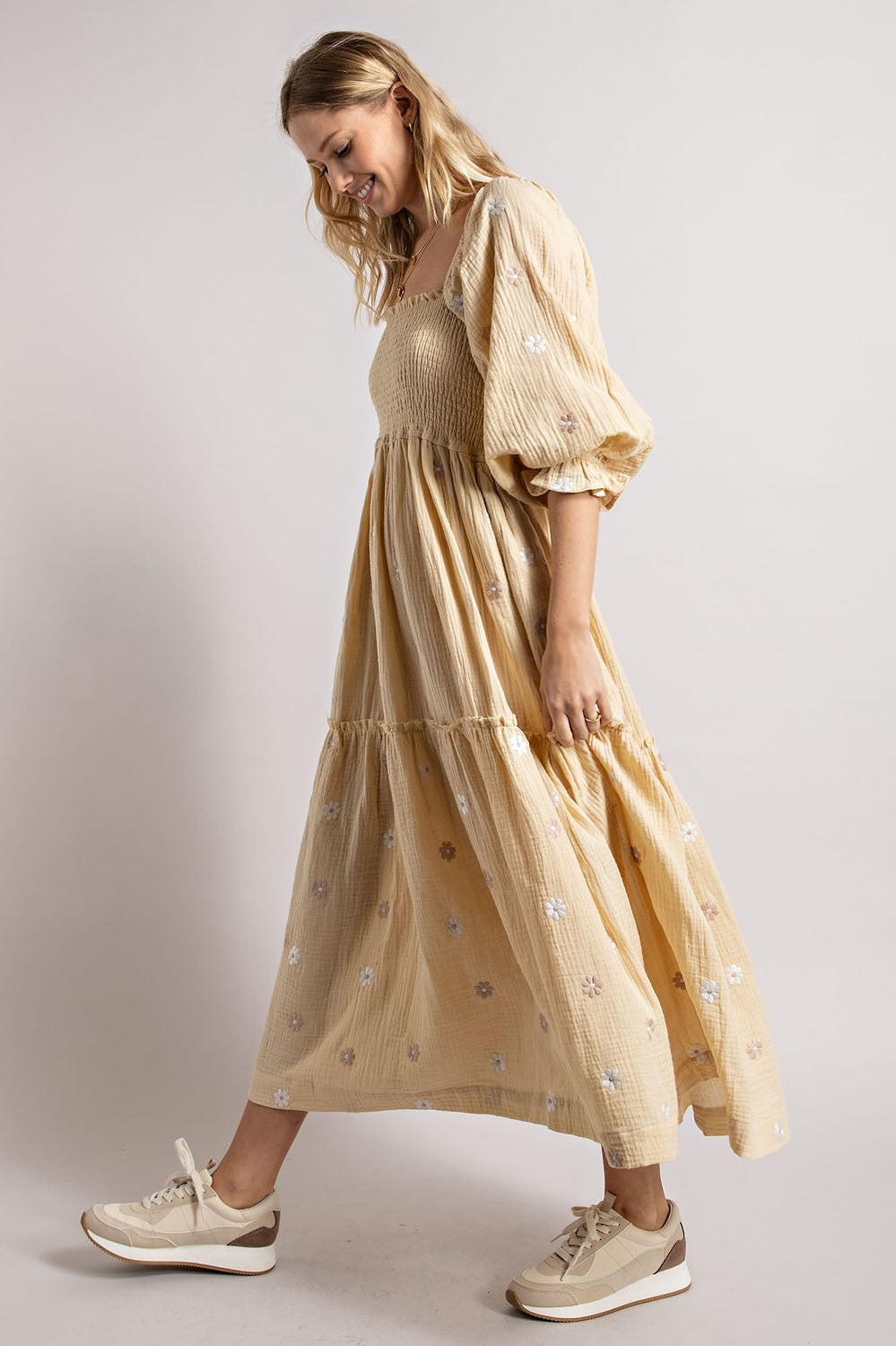 Beige Gauze Embroidery Smocking Tiered Gradient Dress – PinkBlush