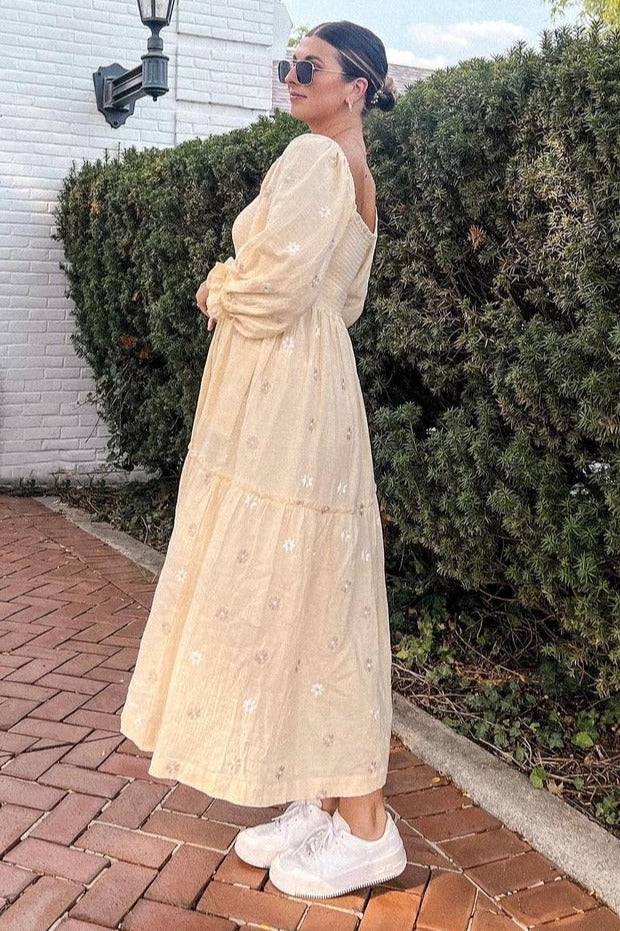 Beige Gauze Embroidery Smocking Tiered GradientDress Beige Gauze Embroidery Smocking Tiered GradientDress