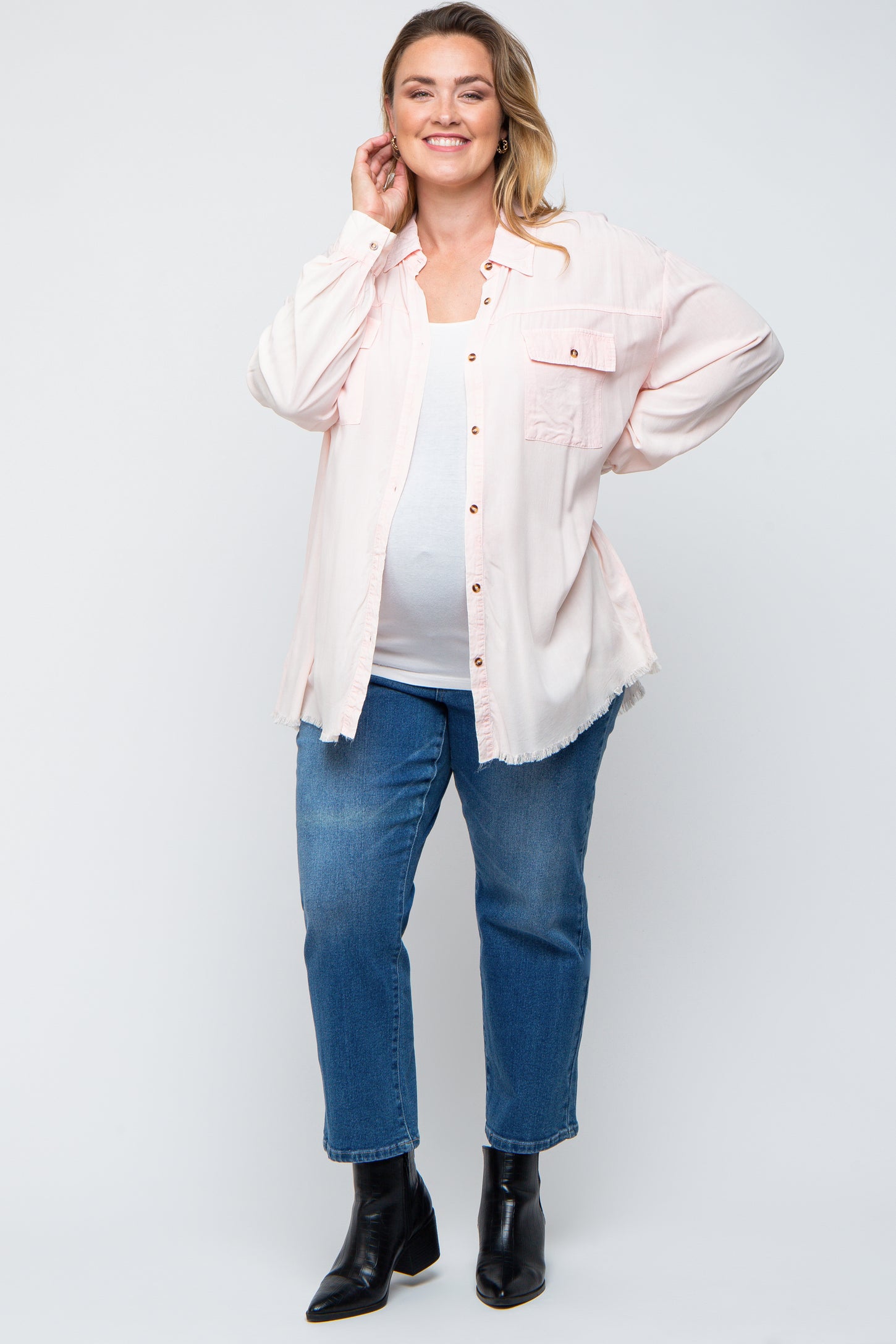 Peach Button Up Fringe Hem Maternity Plus Top