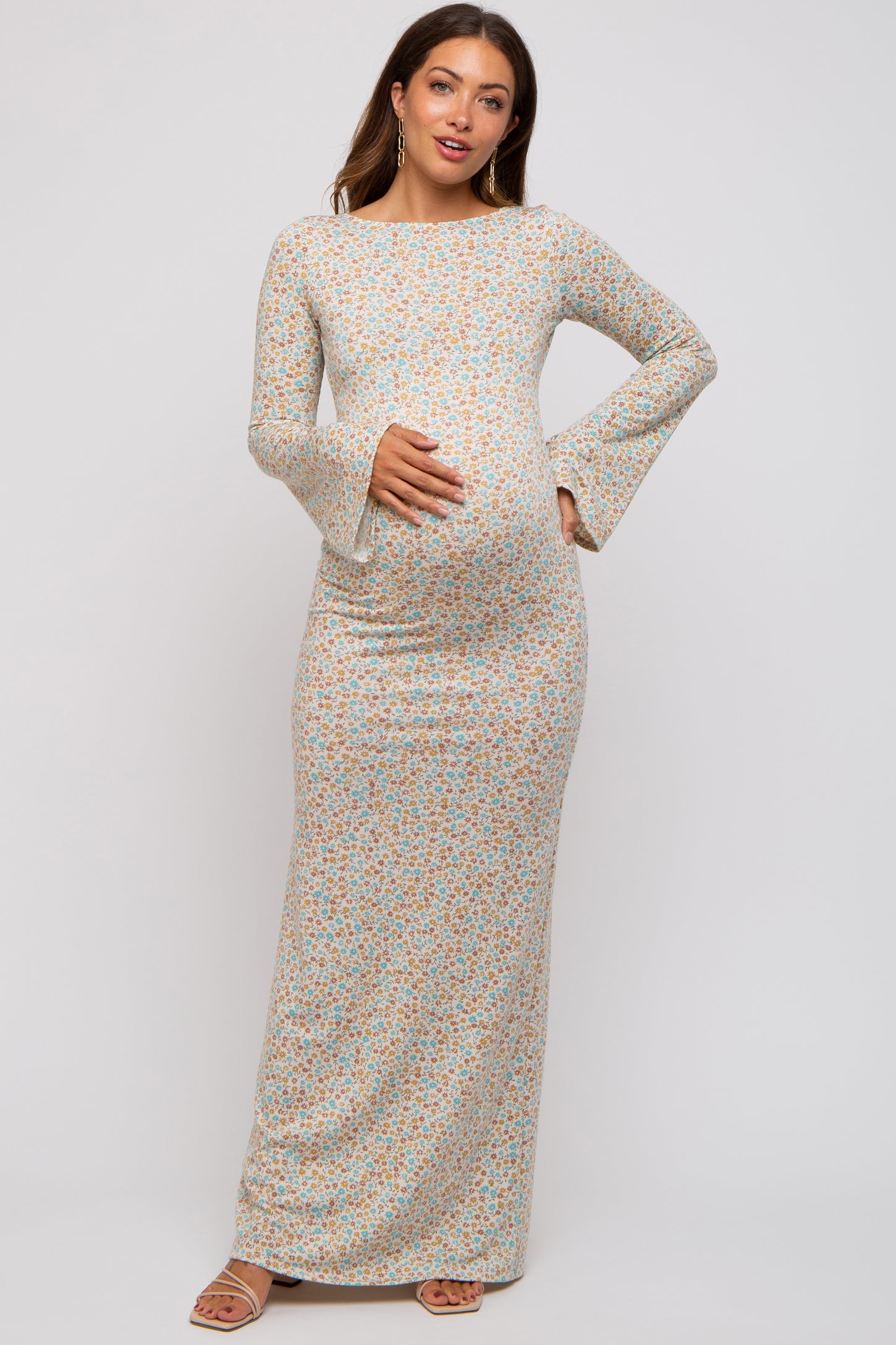 Cream Floral Long Sleeve Open Back Maternity Maxi Dress