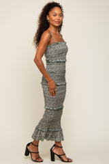 Forest Green Floral Smocked Ruffle Tier Midi Dress