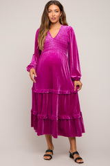 Magenta Velvet Smocked Maternity Midi Dress