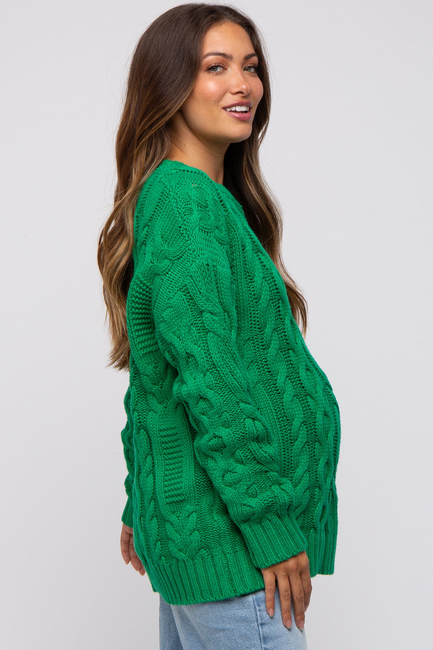 Green Chunky Cable Knit Maternity Sweater