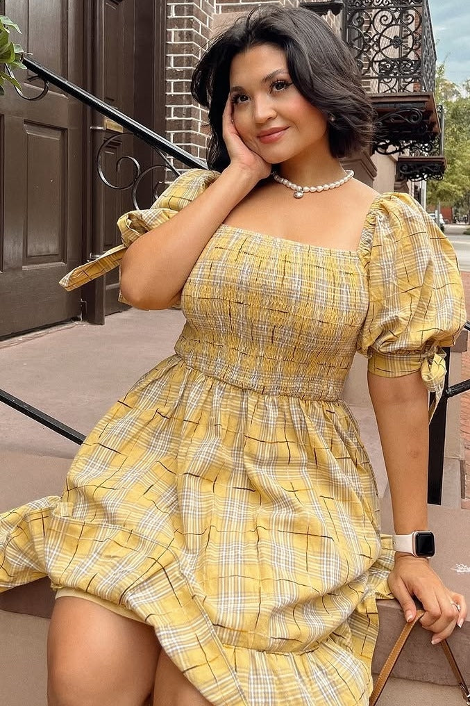 Gold Plaid Plaid Smocked Mini Dress