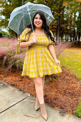 Gold Plaid Plaid Smocked Mini Dress