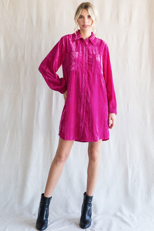 Magenta Velour Button Up Maternity Dress