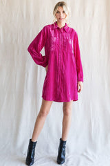 Magenta Velour Button Up Maternity Dress