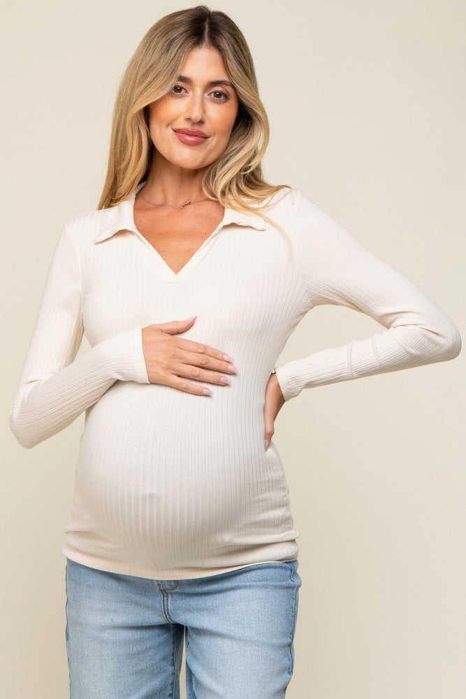Cream Ribbed Collared Long Sleeve Maternity Top