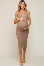 Beige Sleeveless V-Neck Maternity Sweater Dress