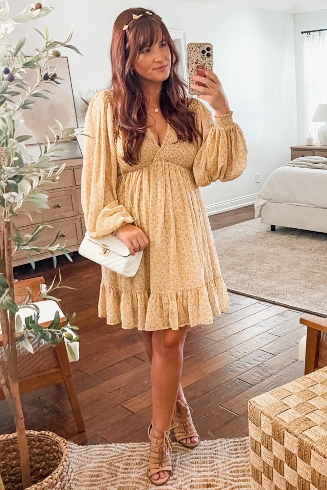 Yellow Floral Smocked Long Sleeve Dress