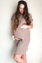 Mocha Ribbed Front Pocket Dolman Short Sleeve Maternity Dress