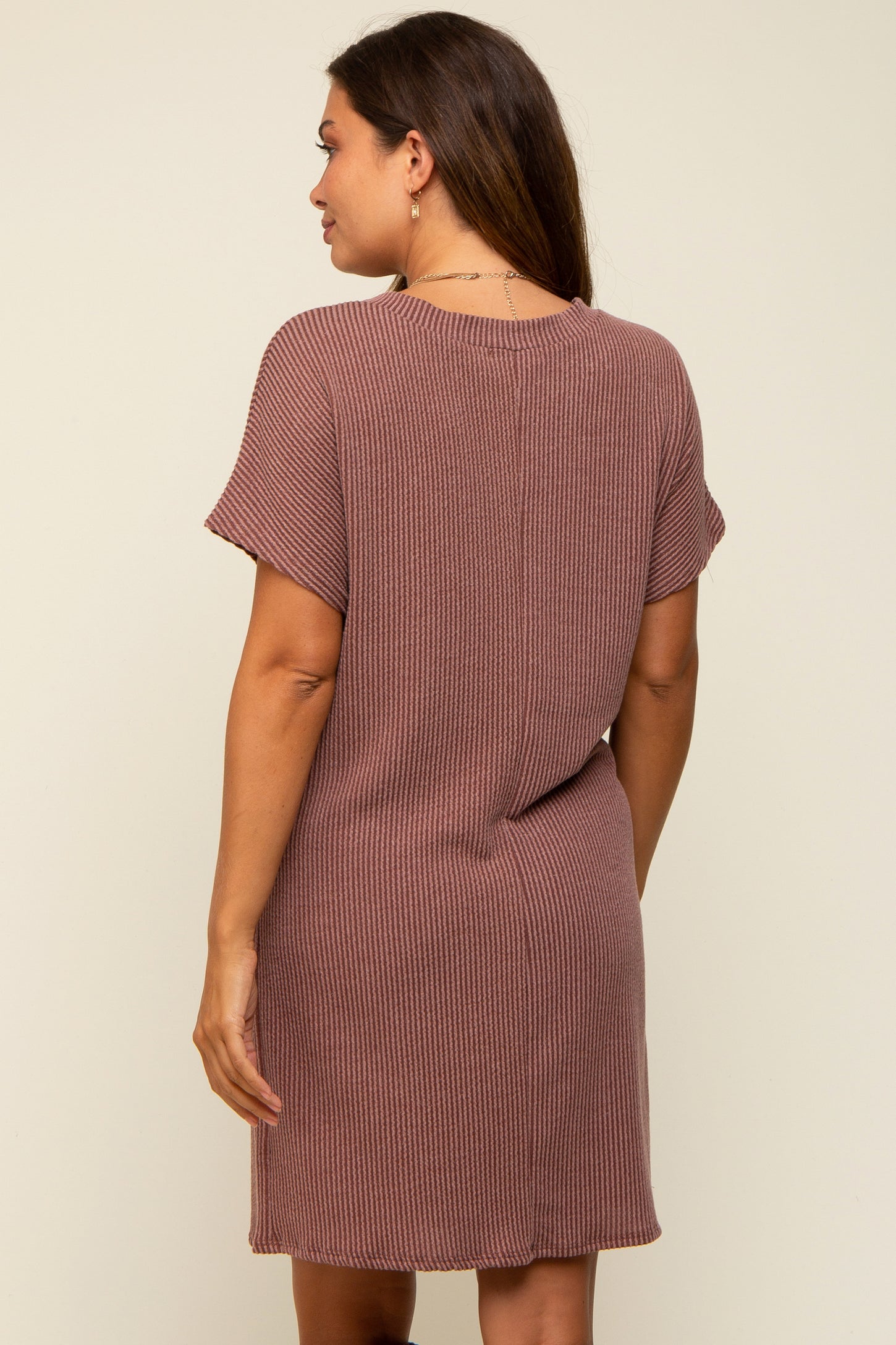 Brown Ribbed Front Pocket Dolman Short Sleeve Maternity Dress