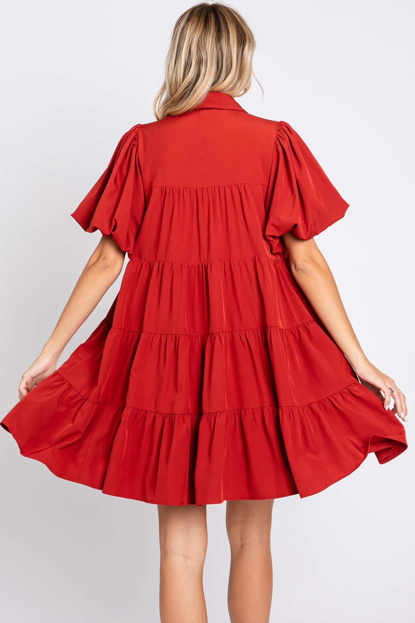 Rust Puff Sleeve Mini Shirt Dress