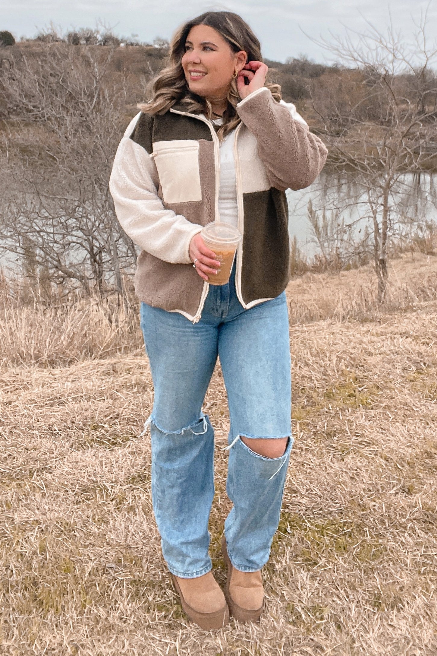 Olive Color Block Sherpa Contrast Pocket Jacket