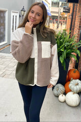 Olive Color Block Sherpa Contrast Pocket Jacket