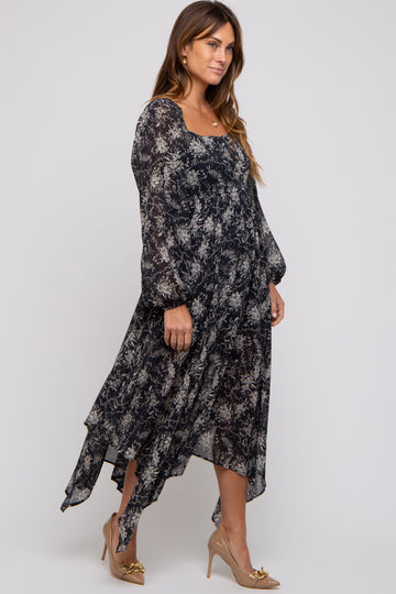 Charcoal Floral Chiffon Square Neck Button Front Midi Dress