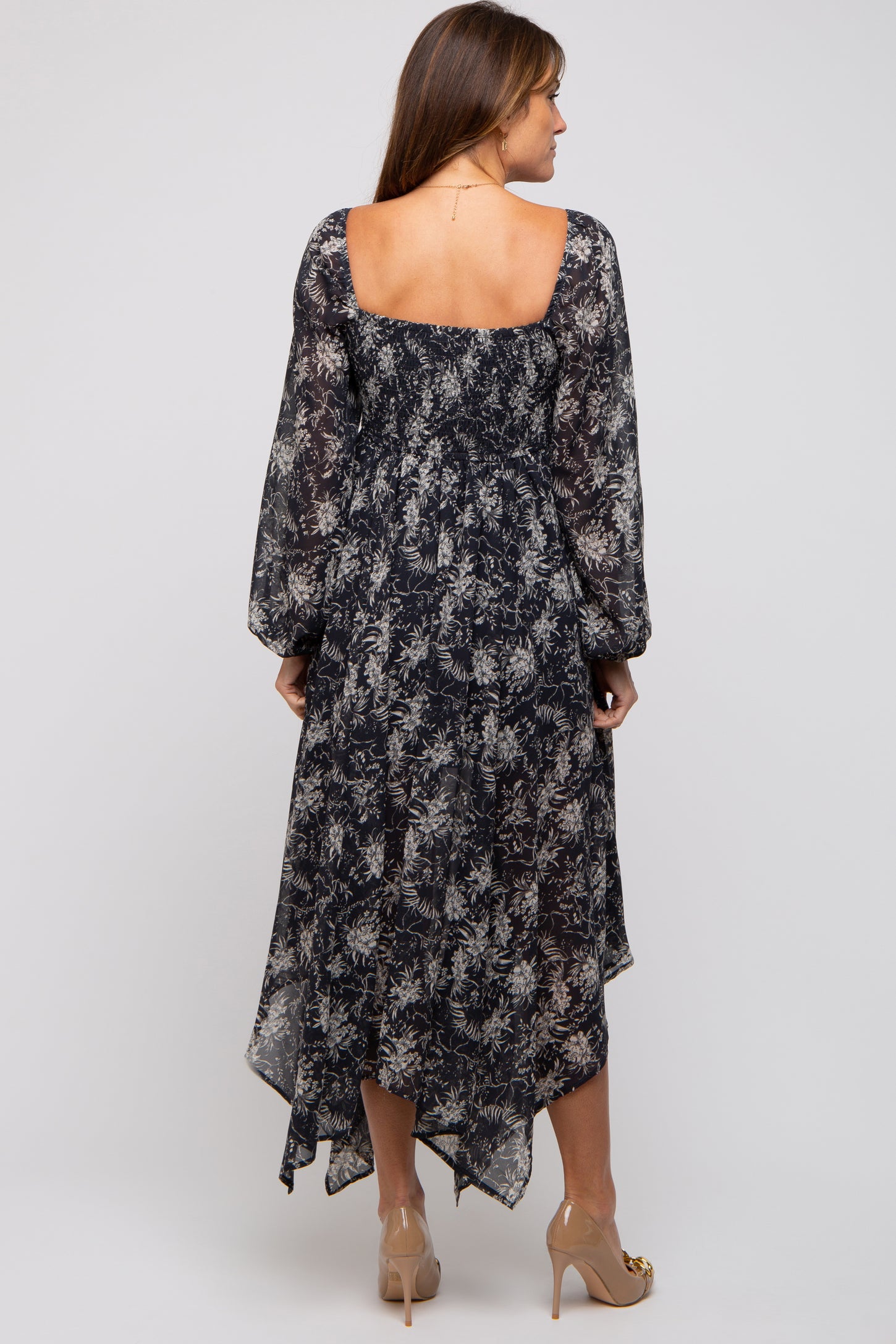 Charcoal Floral Chiffon Square Neck Button Front Midi Dress