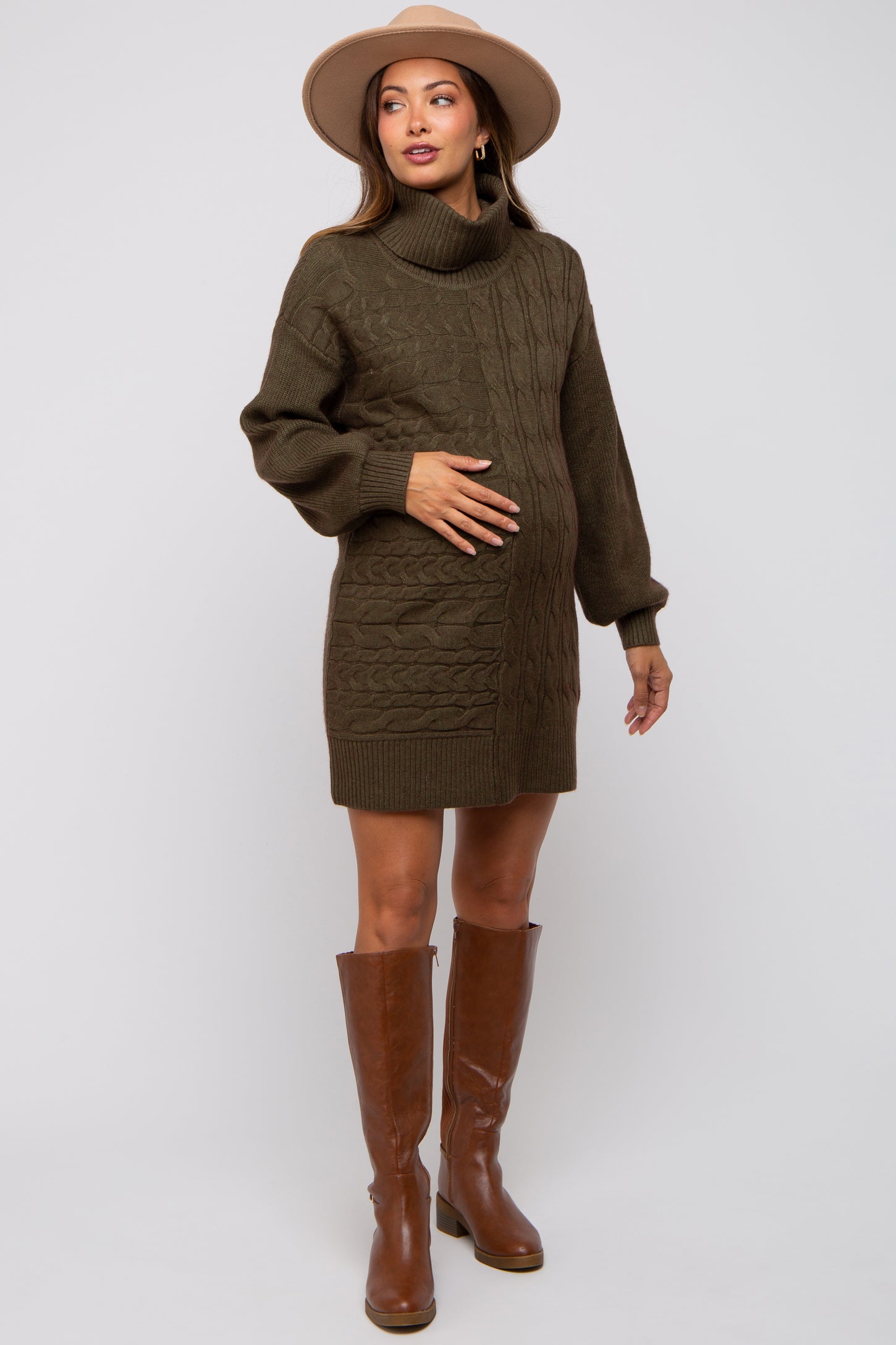 Olive Cable Knit Maternity Mini Sweater Dress