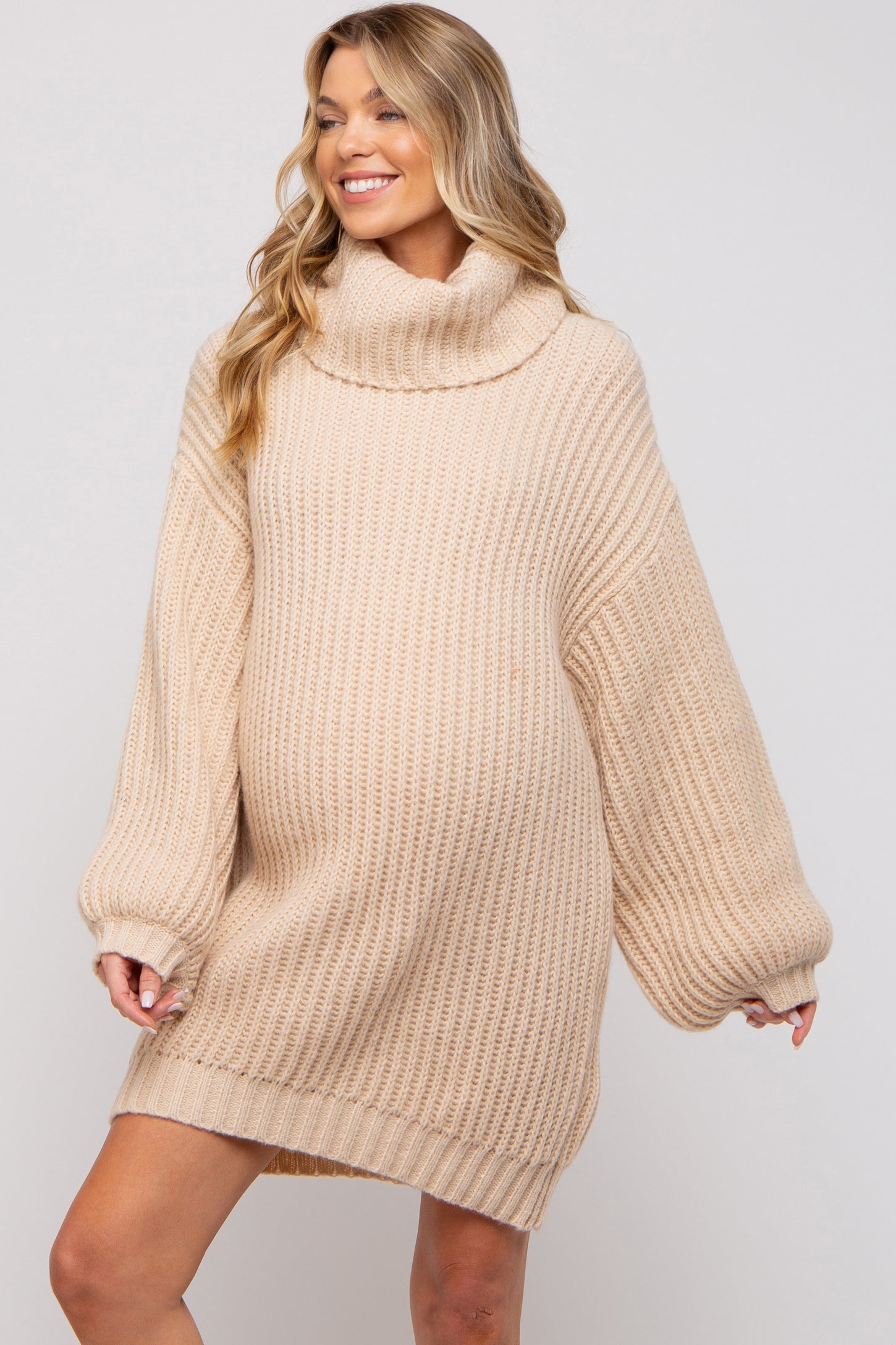 Cream Turtleneck Puff Sleeve Maternity Sweater Dress