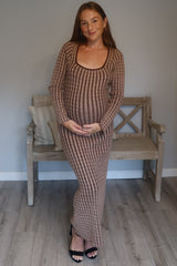 Brown Cable Knit Maternity Fitted Midi Dress