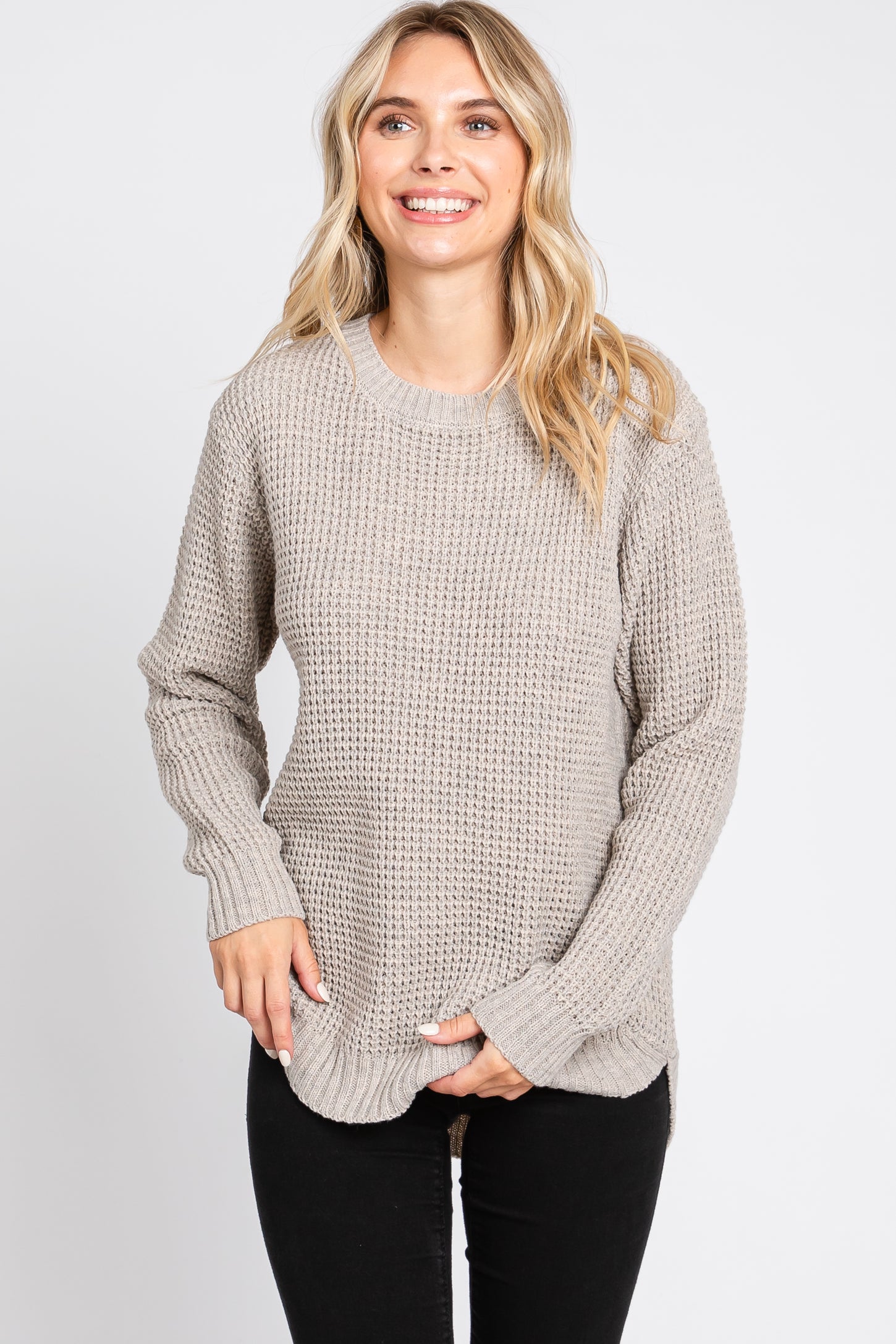 Taupe Waffle Knit Round Hem Maternity Sweater