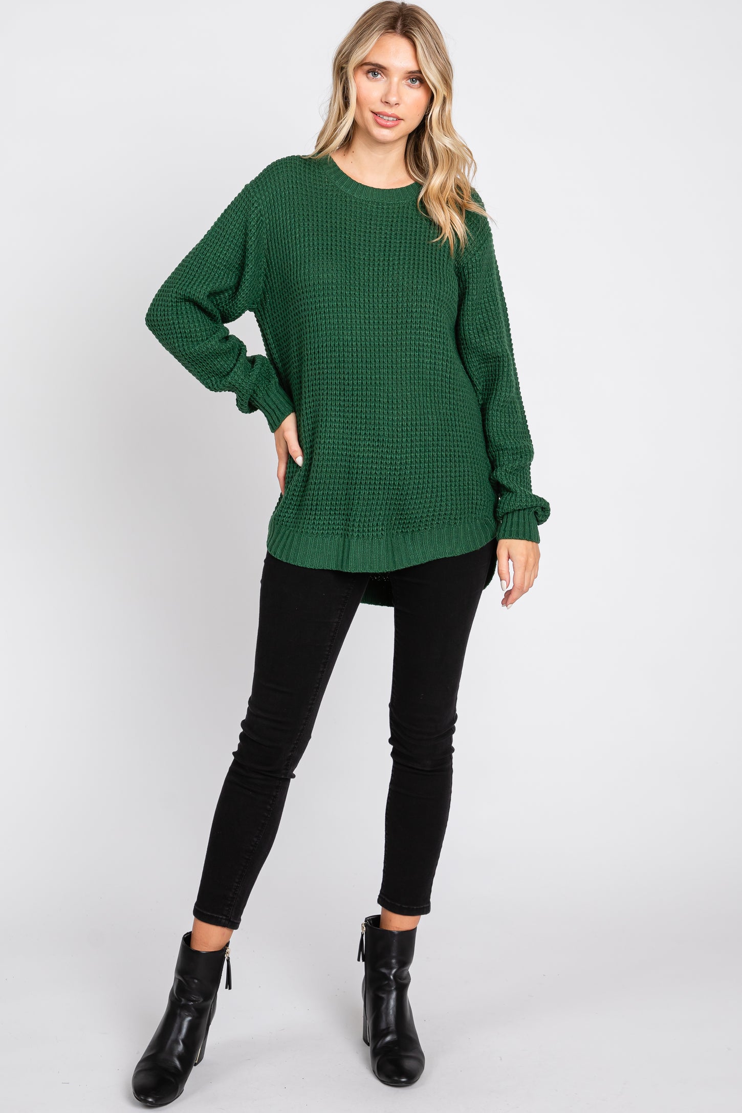 Green Waffle Knit Round Hem Sweater