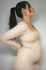 Taupe Ribbed Long Sleeve Square Neck Maternity Maxi Dress