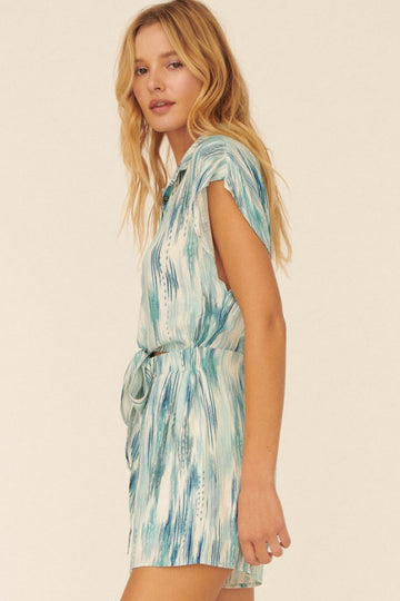 Blue Abstract Collared Button Front Self Tie Romper