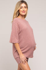 Mauve Ribbed Soft Short Sleeve Maternity Shorts Set
