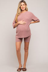 Mauve Ribbed Soft Short Sleeve Maternity Shorts Set