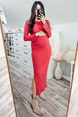 Red Ribbed Side Slit Maternity Maxi Dress