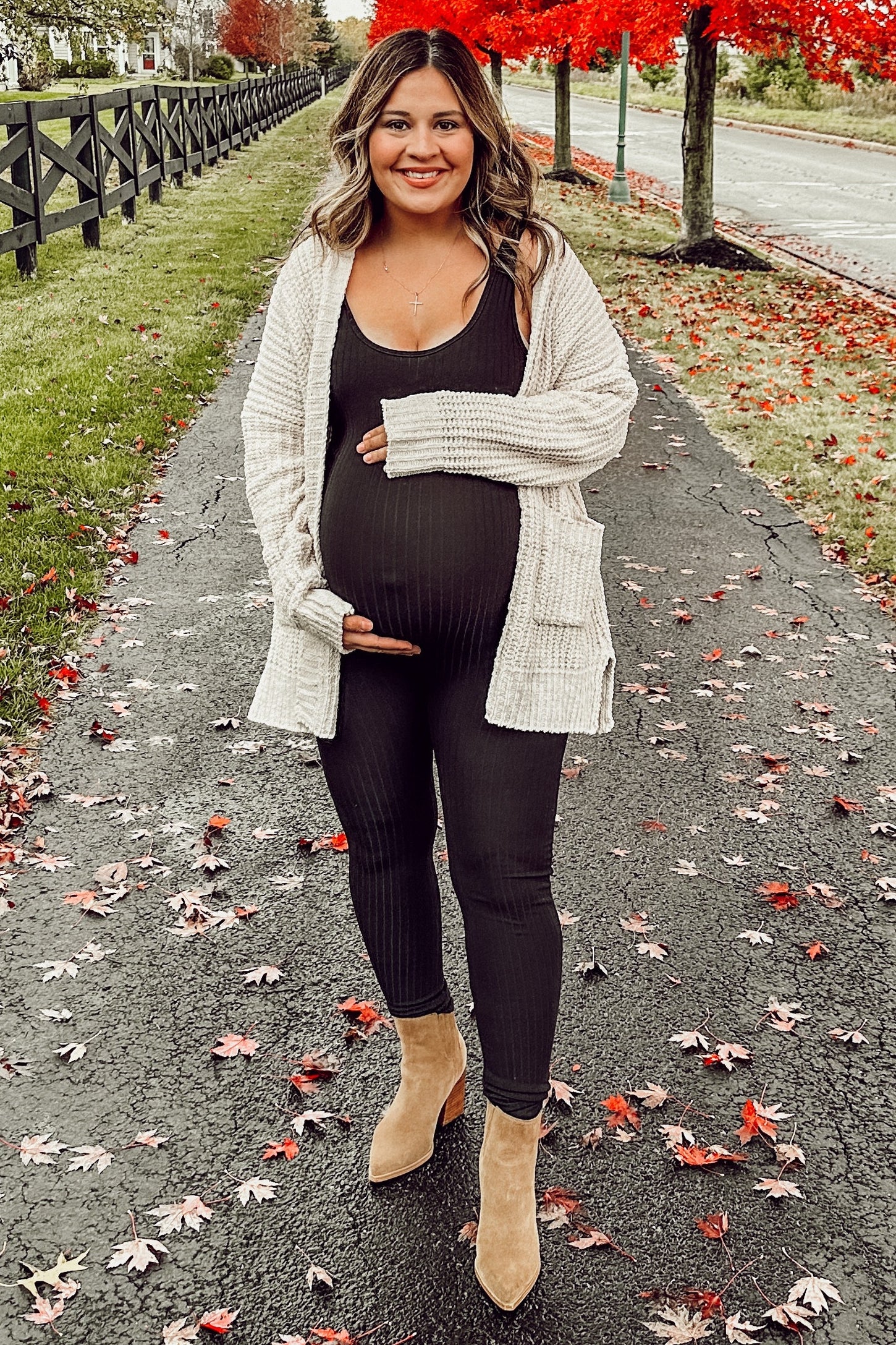 Beige Brushed Chenille Knit Maternity Cardigan