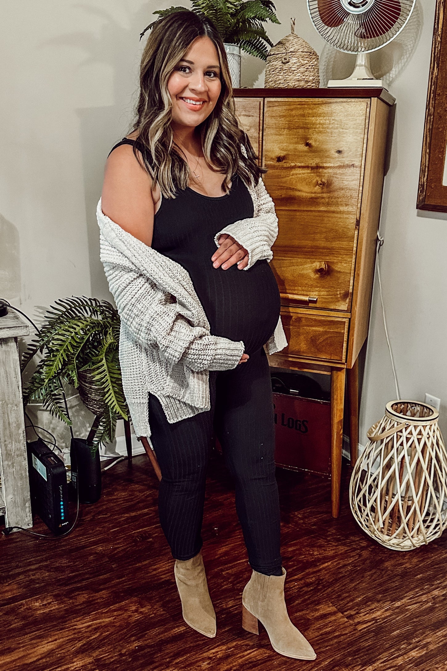 Beige Brushed Chenille Knit Maternity Cardigan