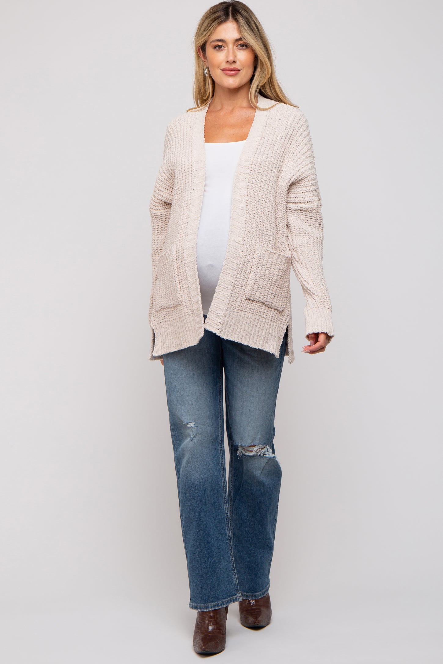 Beige Brushed Chenille Knit Maternity Cardigan