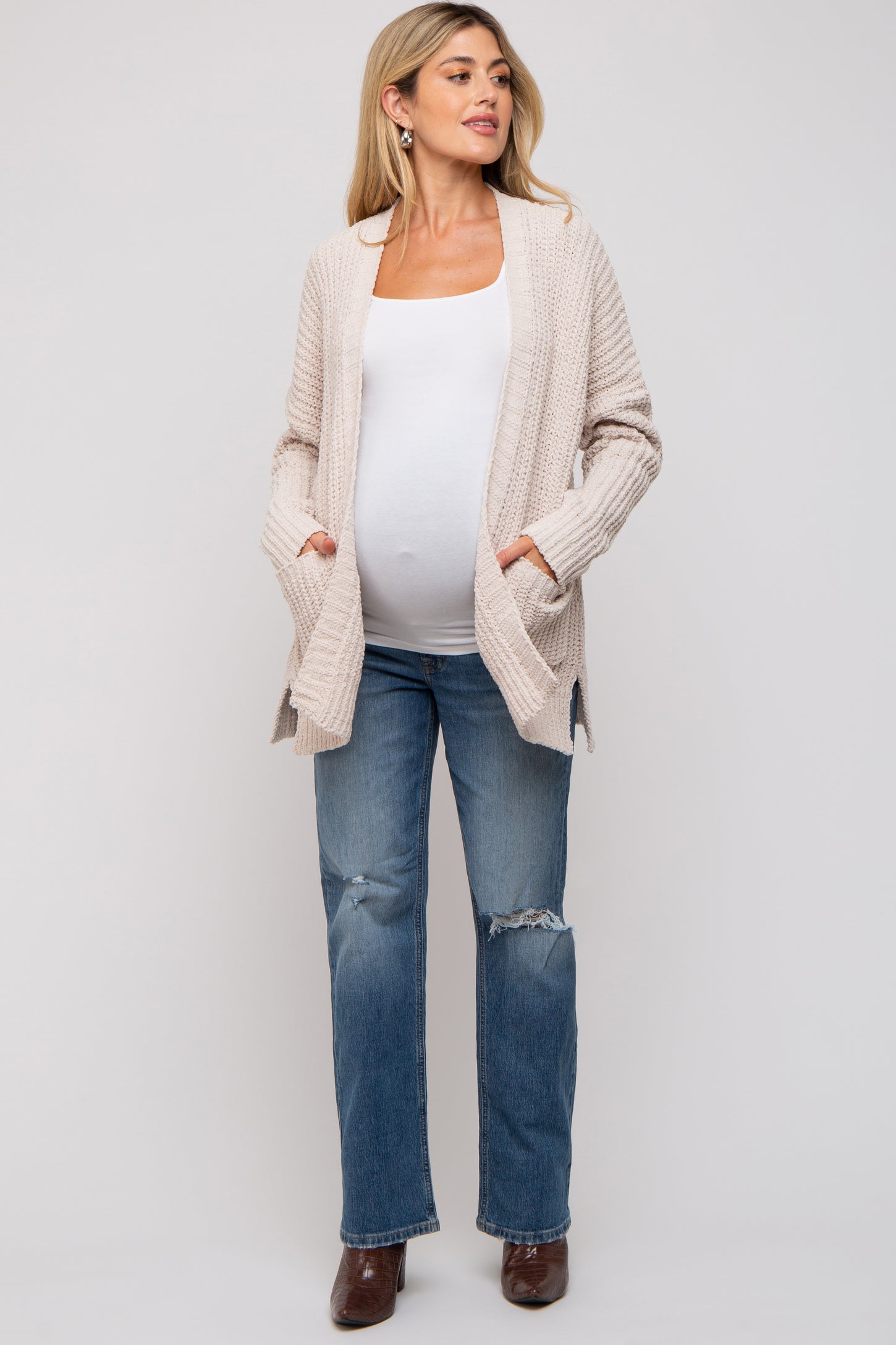 Beige Brushed Chenille Knit Maternity Cardigan