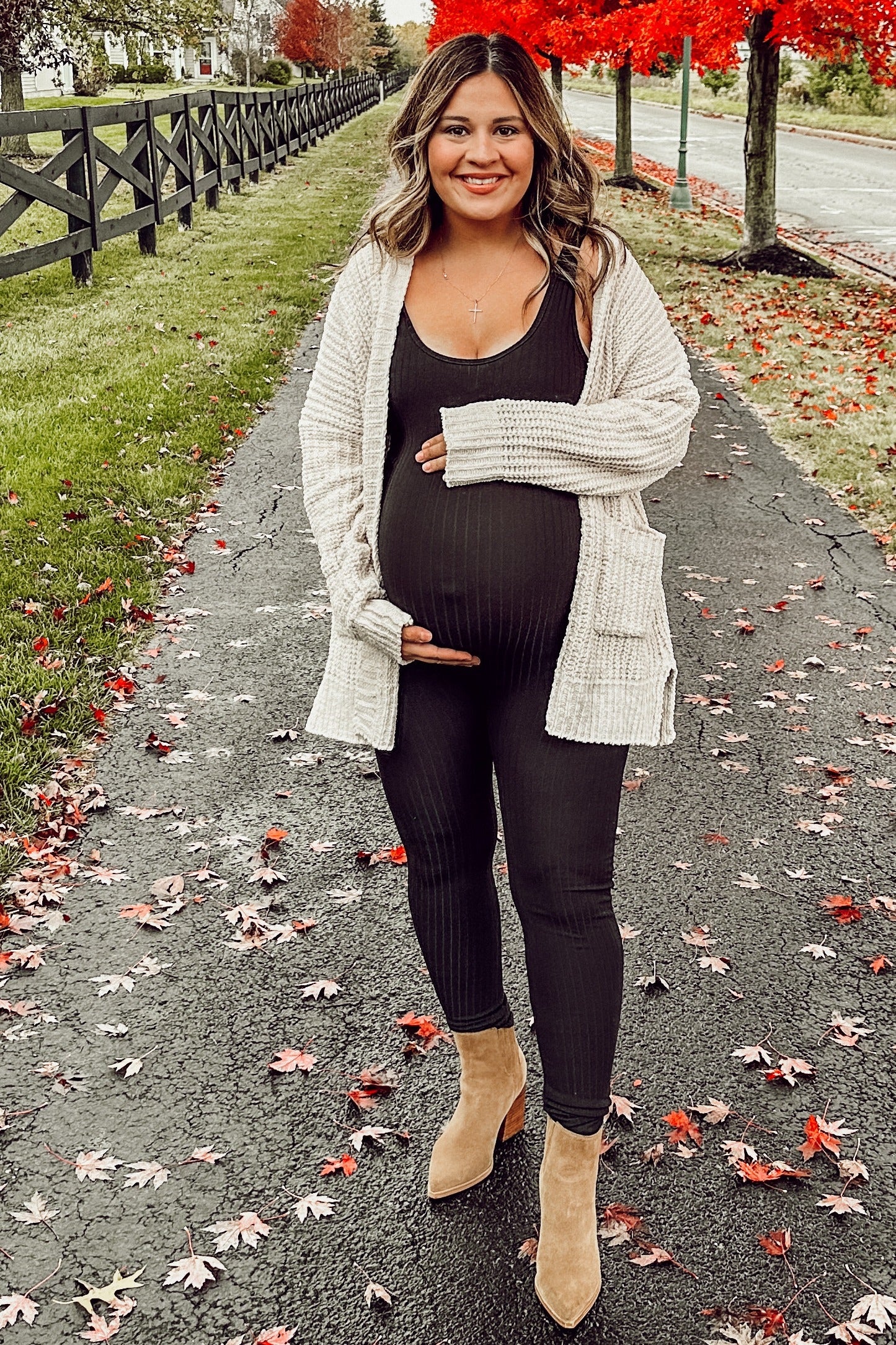 Beige Brushed Chenille Knit Maternity Cardigan