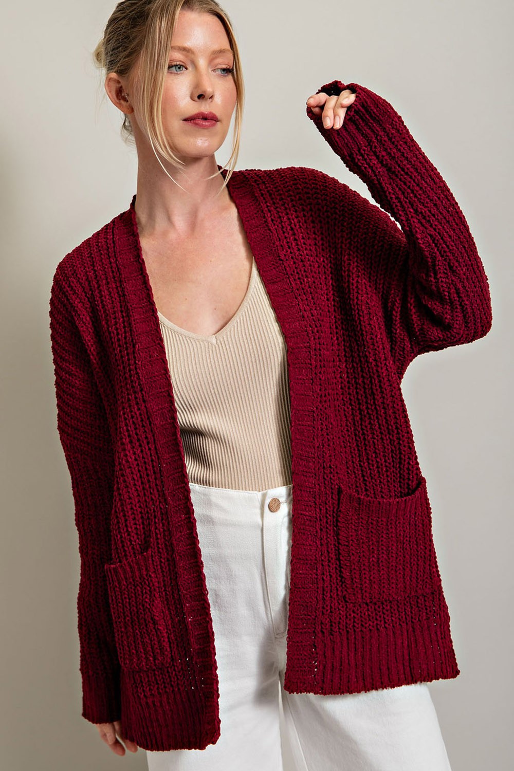 Burgundy Brushed Chenille Knit Maternity Cardigan
