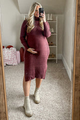 Brown Long Sleeve Turtleneck Maternity Sweater Dress