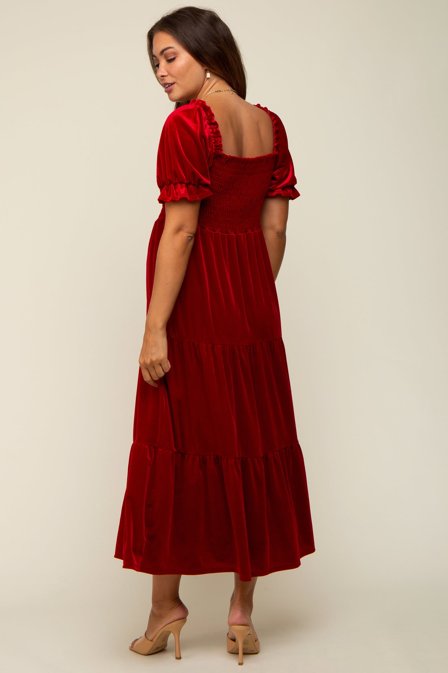 Red Velvet Tiered Maternity Midi Dress