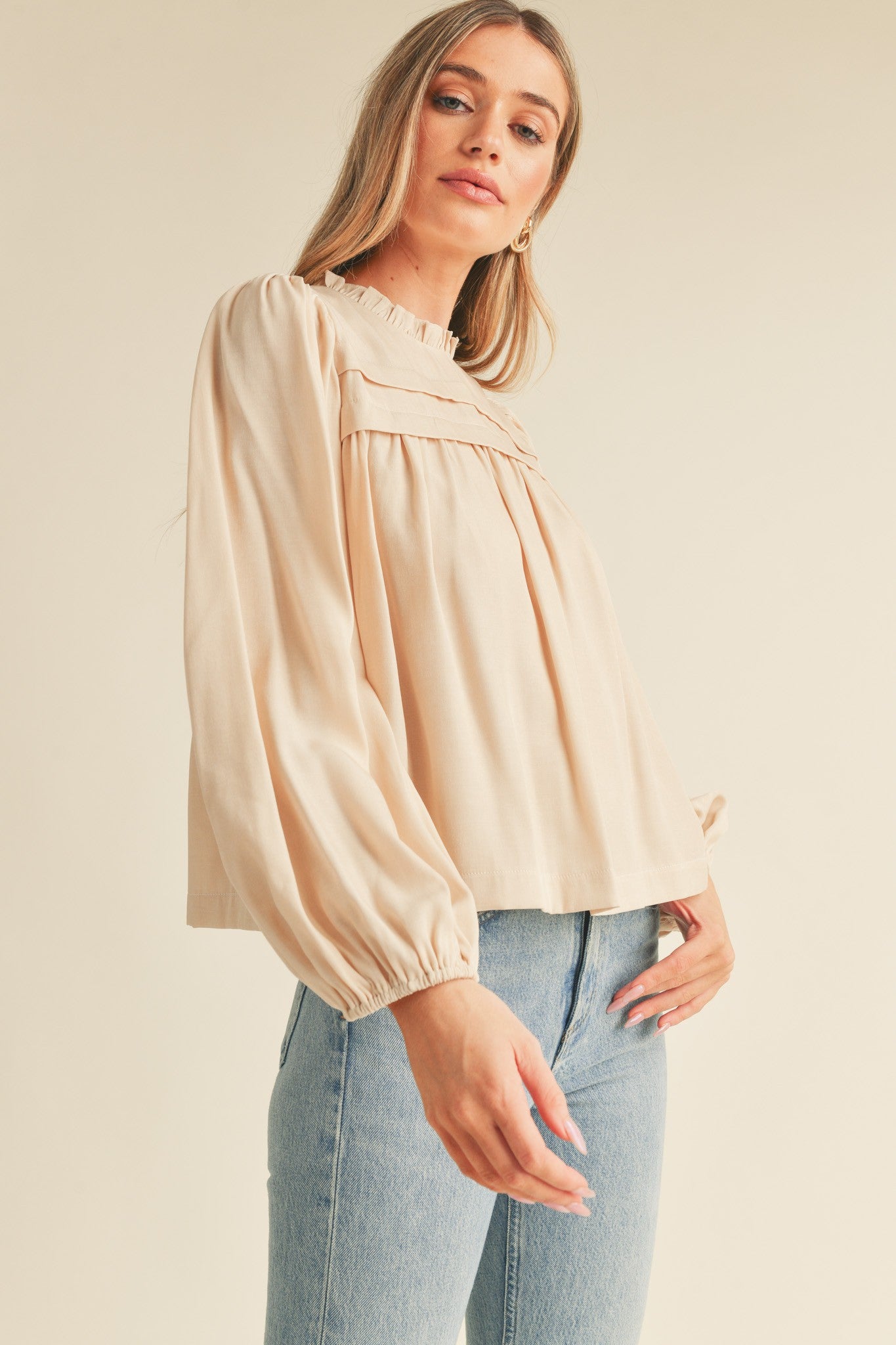 Cream Pintuck Yoke Top With Long Puff Sleeves
