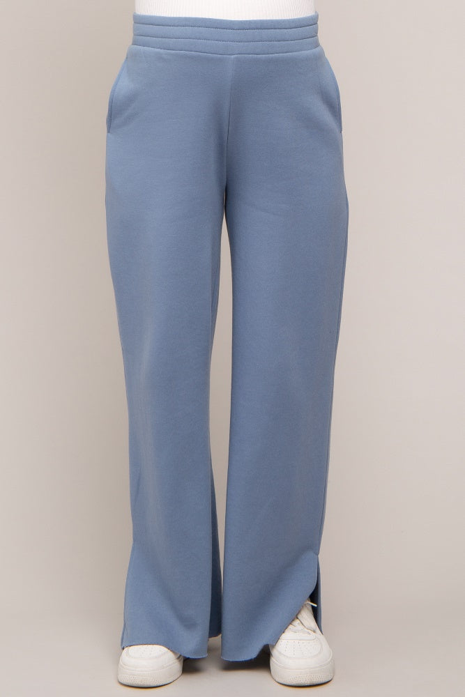 Blue Soft Wide Leg Side Slit Maternity Sweatpants
