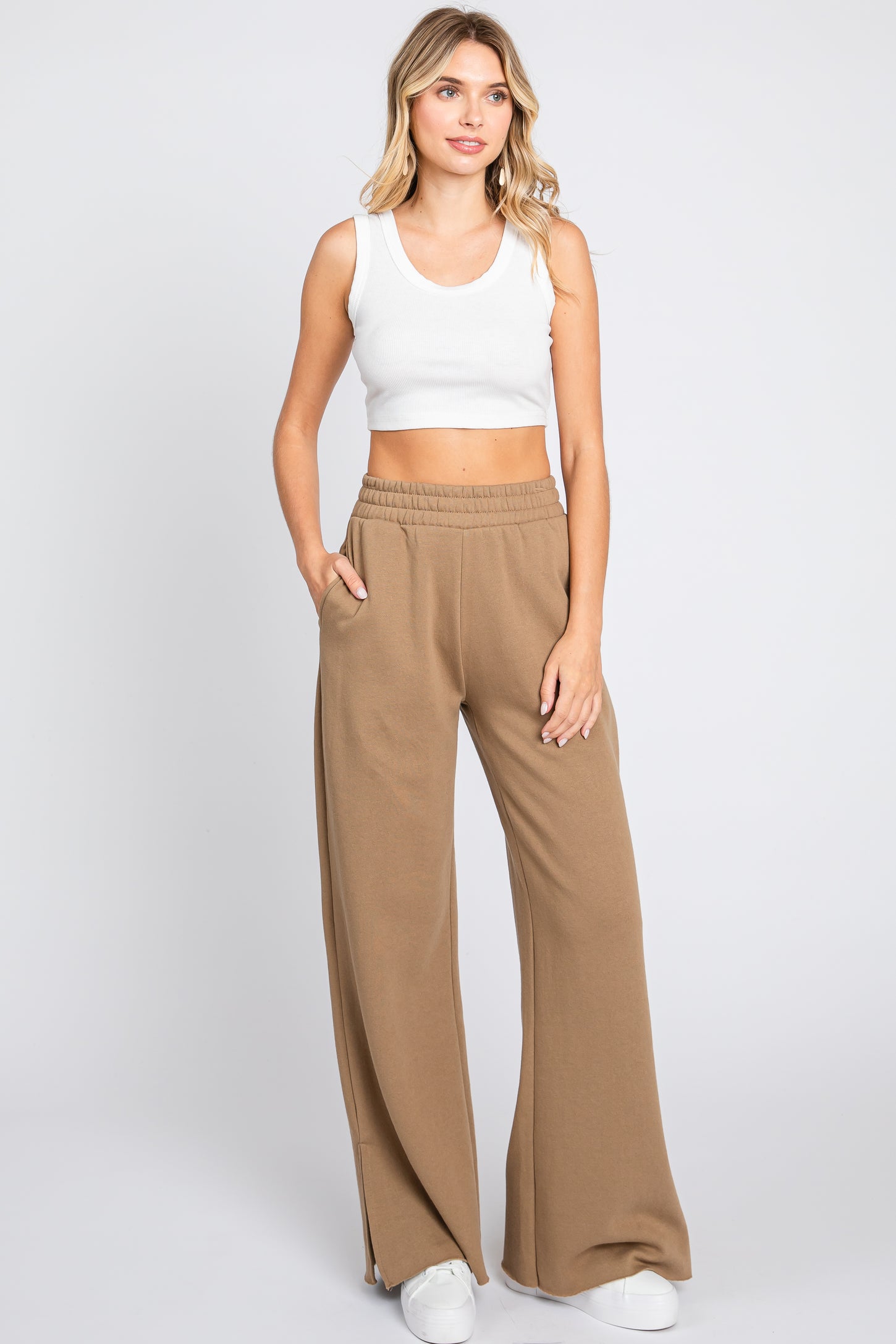 Brown Soft Wide Leg Side Slit Sweatpants
