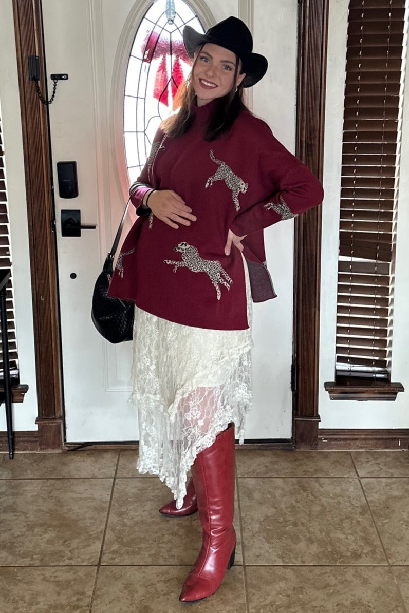 Burgundy Animal Print Side Slit Maternity Sweater