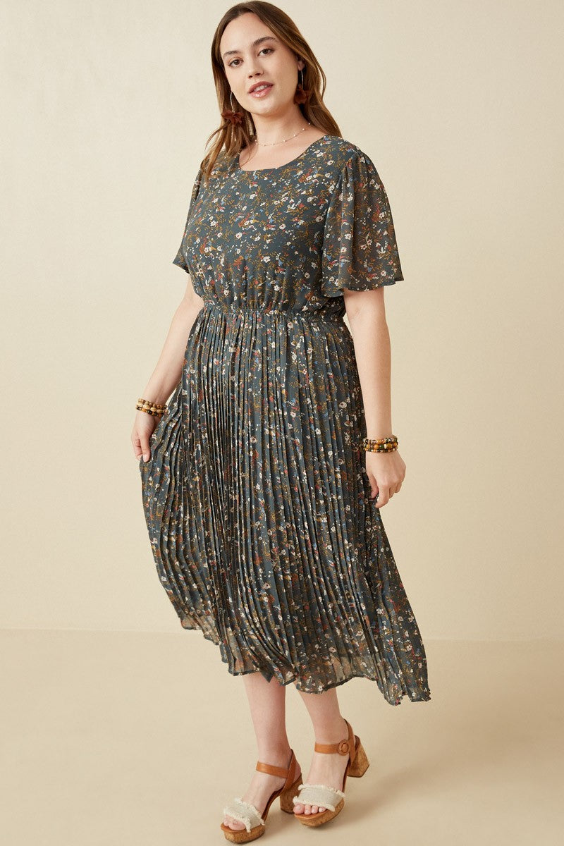 Forest Green Floral Pleated Chiffon Plus Midi Dress