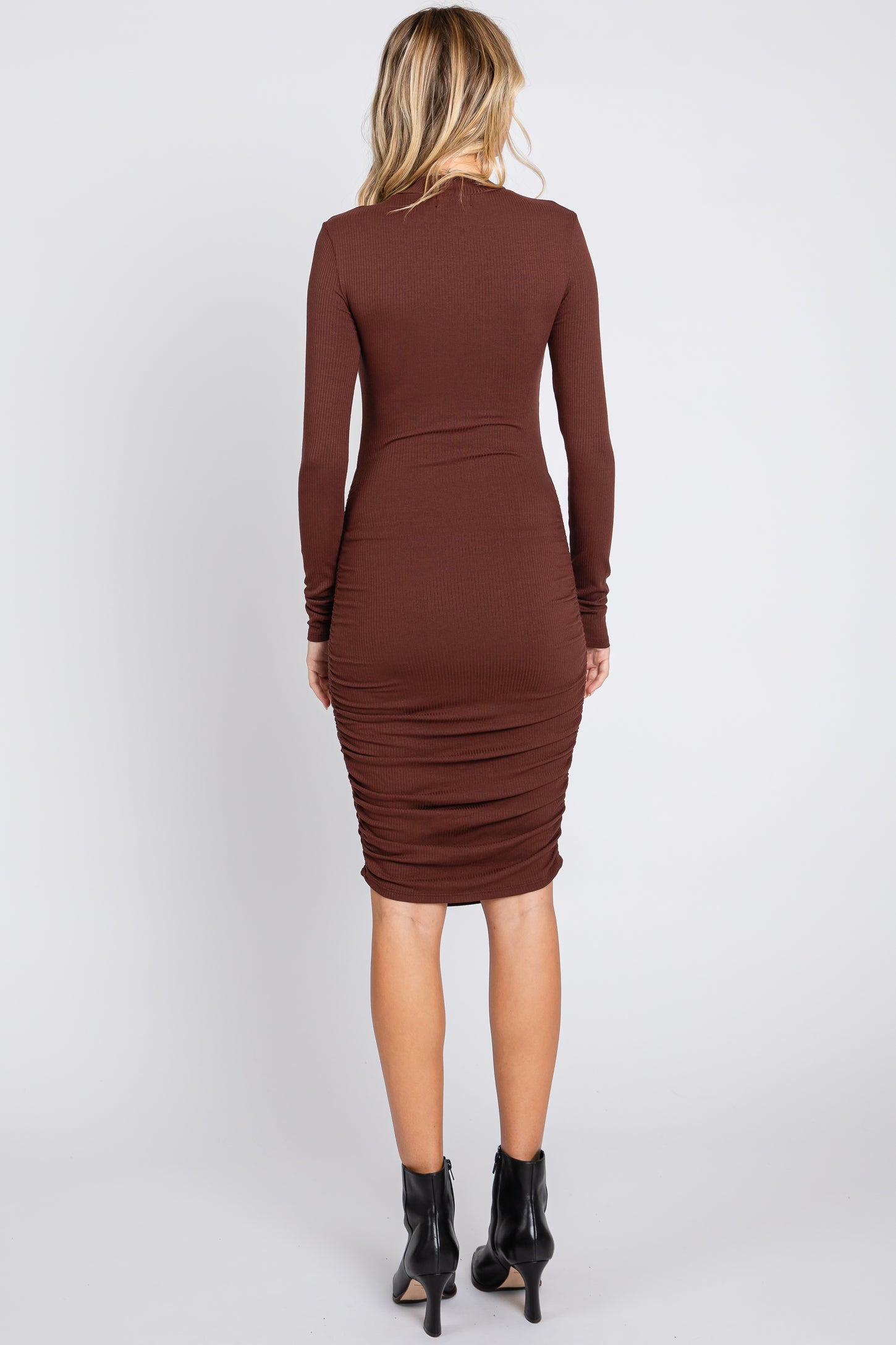 Brown Ribbed Mock Neck Ruched Long Sleeve Dress