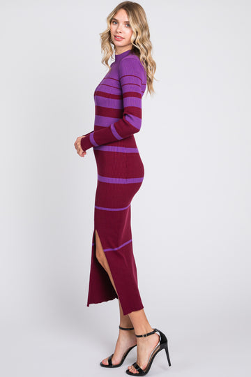 Plum Striped Mock Neck Sweater Dress