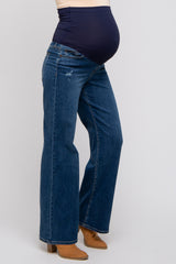 Navy Distressed Accent Wide Leg Maternity Jeans