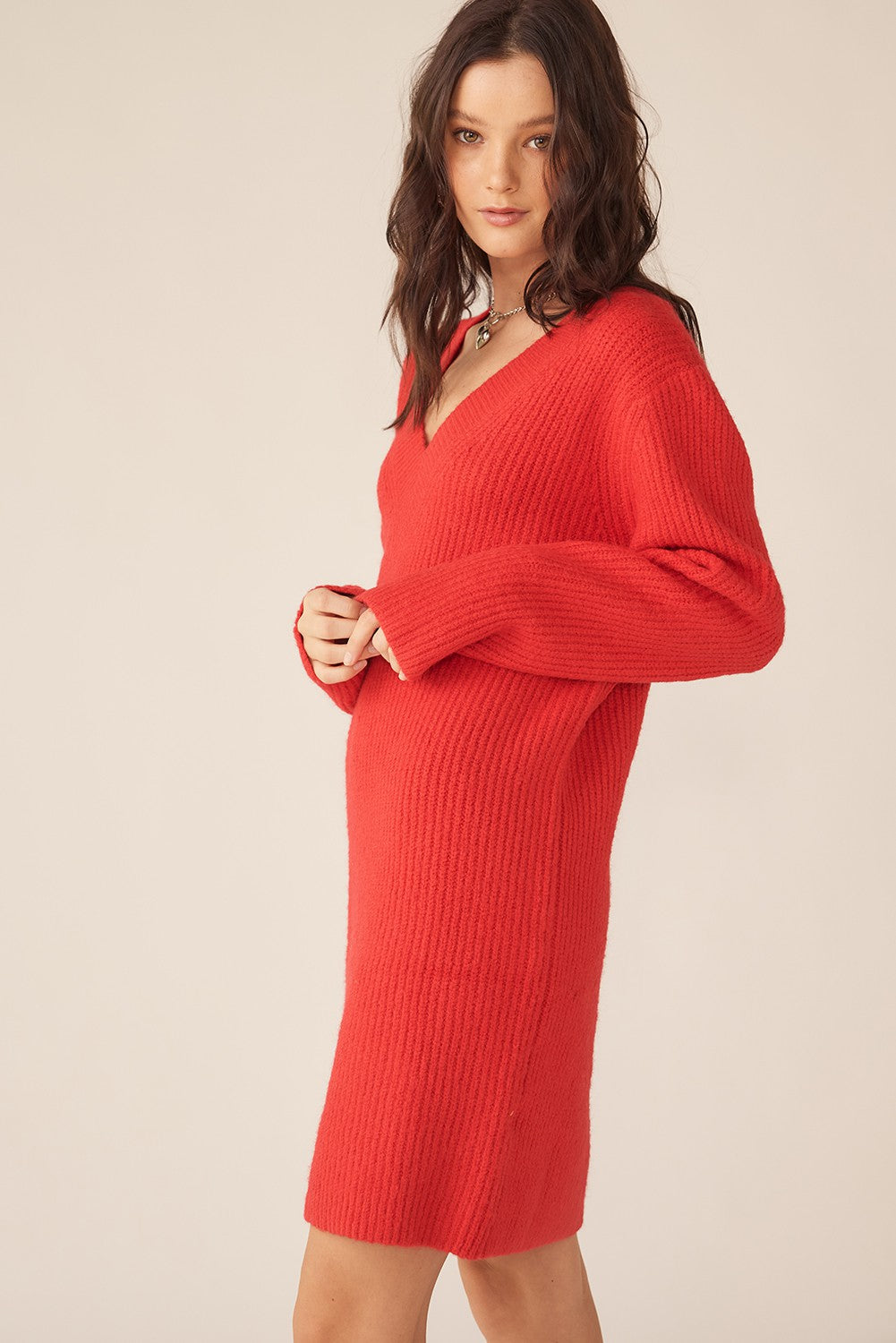 Red V-Neck Oversized Sweater Dress PinkBlush Red V-Neck Oversized Sweater Dress PinkBlush