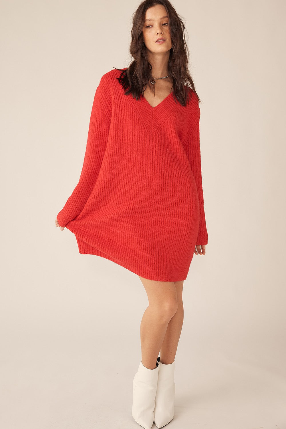 Red V-Neck Oversized Sweater Dress PinkBlush Red V-Neck Oversized Sweater Dress PinkBlush